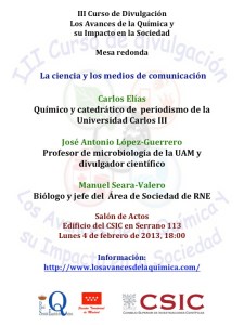 Cartel anunciador de la Mesa redonda "La ciencia en los medios de Comunicación"