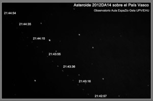 Paso cercano del asteroide 2012DA14 el 15 de febrero de 2013. Telescopio principal CDK de 20'' y cámara SBIG STL-11000M