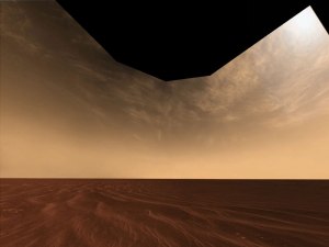 Nubes y arena en el horizonte de Marte: Foto: Mars Exploration Rover Mission, Cornell, JPL, NASA.